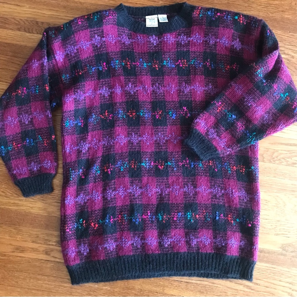 vintage 80s wool blend sweater M Plaid purple shoulder pads